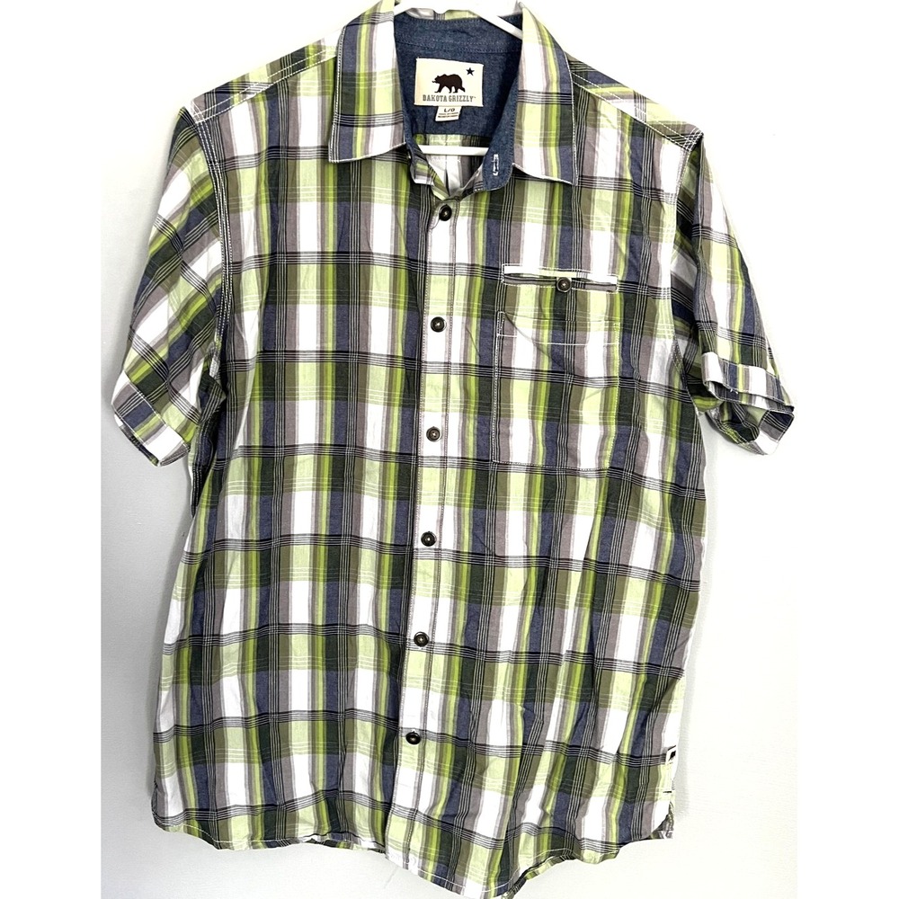 Dakota Grizzly Shirt Mens Large Green Gray Plaid Short Sleeve Button Down Casual